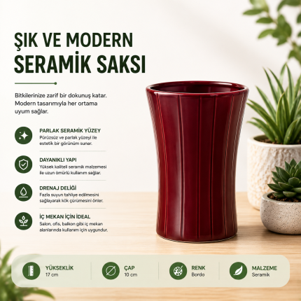 Dekoratif Bordo Seramik Vazo Saksı