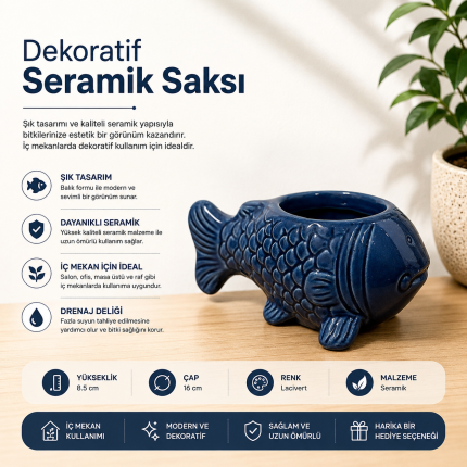 Dekoratif Balık Seramik Saksı – Lacivert