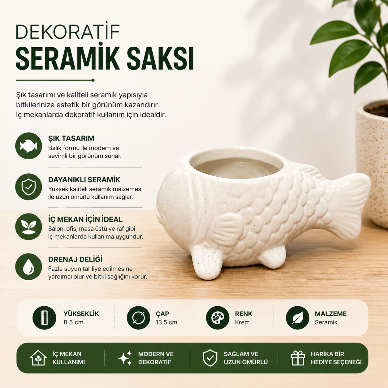 ChatGPT Image 2 Tem 2026 22_53_50 Dekoratif Balık Seramik Saksı – Krem - Görsel 1