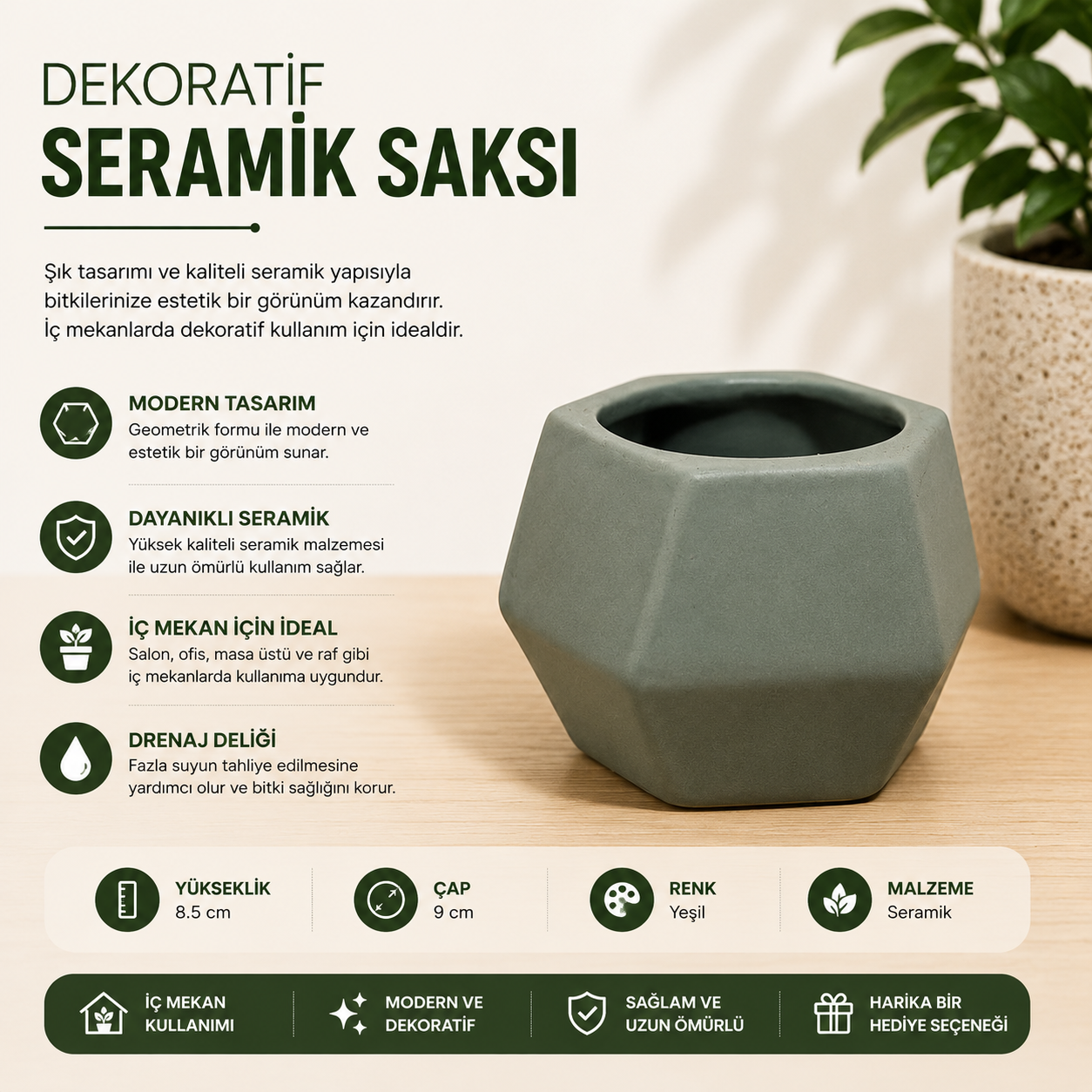 ChatGPT Image 2 Tem 2026 22_57_25 Modern Geometrik Seramik Saksı – Yeşil - Görsel 1